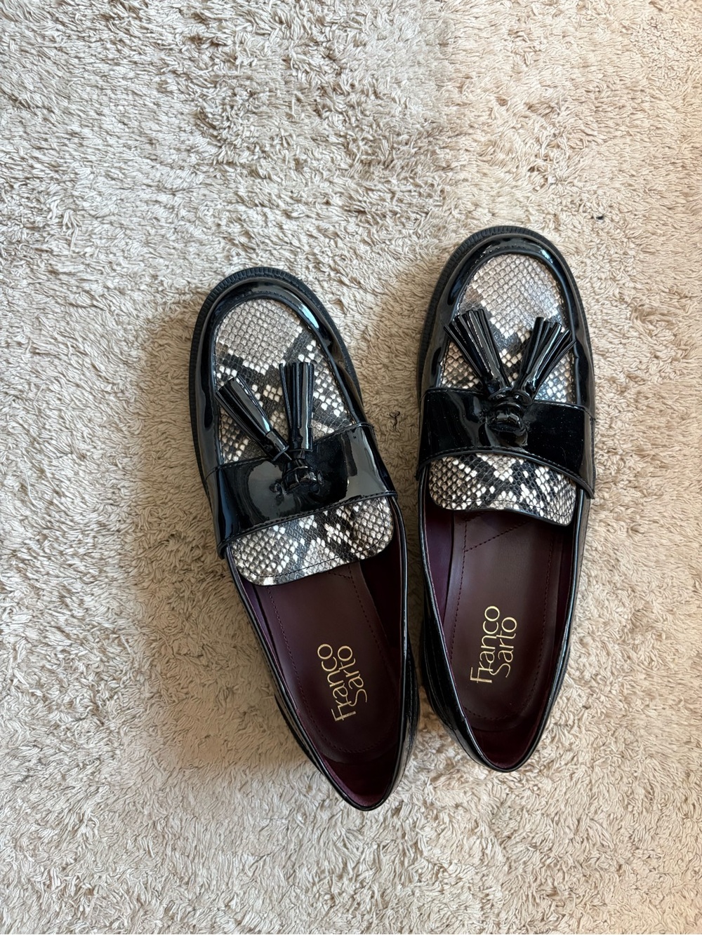 Franco Sarto Black Patent and Snake-Print Tassel Loafers